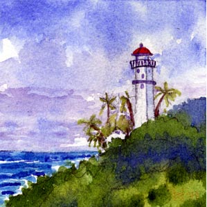 Diamond Head Lighthouse Honolulu Hawaii Watercolor Notecards 